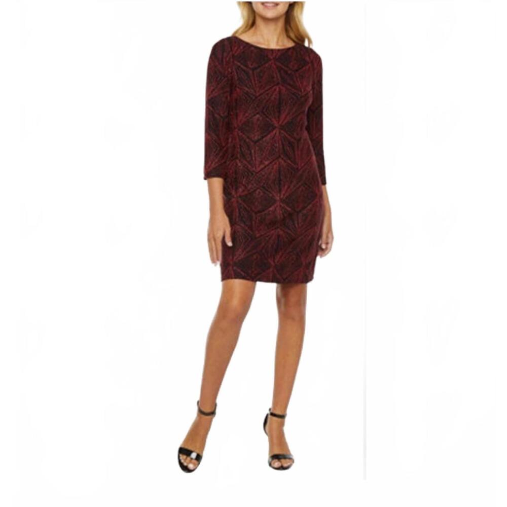 JH Evenings Black Red Long Sleeve Dress Geometric Sparkle Glitter Party Size 4